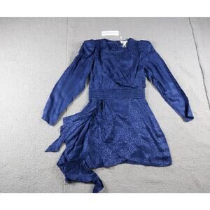 New Ronny Kobo Dress M Blue Silk Blend Santana Wrap Effect Satin Jacquard Mini